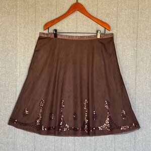 Vintage Y2K Old Navy Brown Net Overlay Sequin Low Rise A Line Midi Skirt Size 16